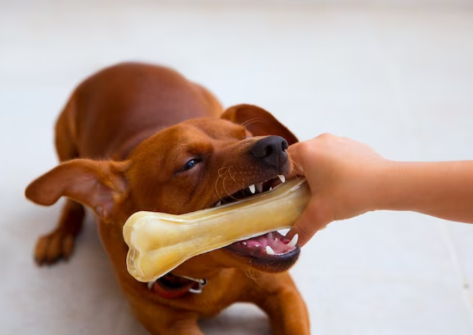 dog chewing on tail